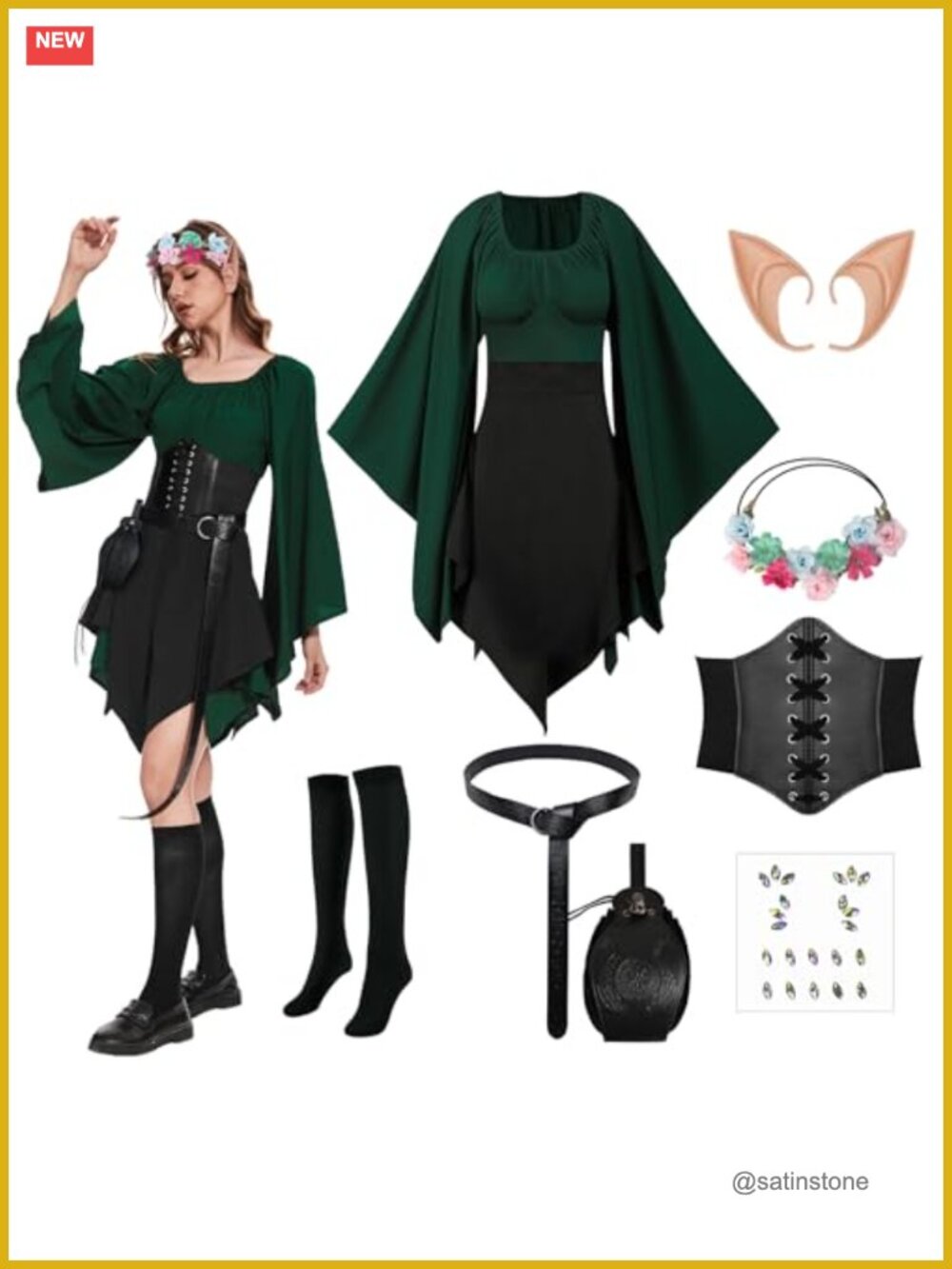 8PCS Medieval Fairy Costume Set Renaissance Irish Dress Corset Elf Ears